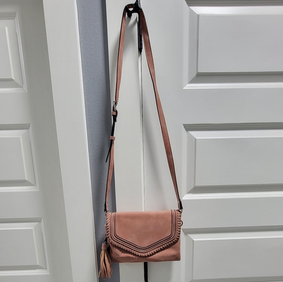 Francesca’s Martina Flapover Whipstitch Crossbody Bag in Pink with Tassels - Picture 4 of 10